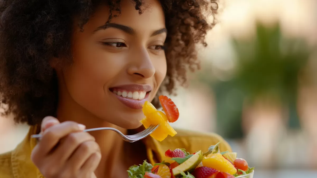 Strahlende Frau genießt frischen Obst-Salat