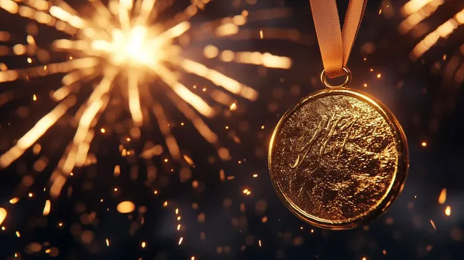 Strahlende Goldmedaille mit Feuerwerk-Kulisse