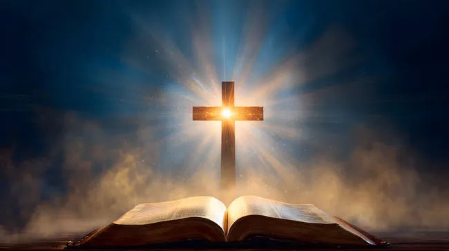 Strahlende Kruzifixdarstellung mit biblischer Szene