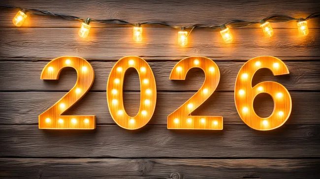Strahlende Zahlenkomposition für 2026 auf Holz mit Lichterkette