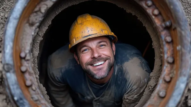 Strahlender Bauarbeiter blickt aus Kanalöffnung