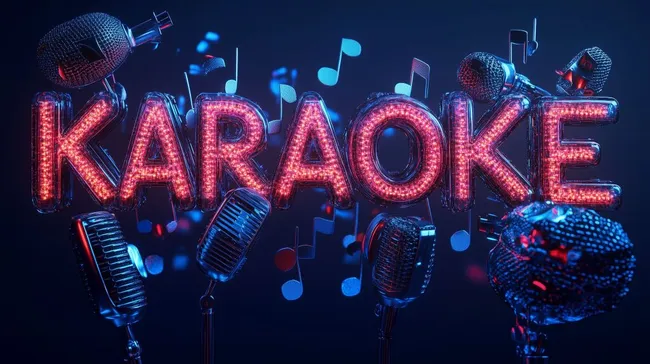 Strahlender Karaoke-Schriftzug mit Mikrofonen und Musiknoten