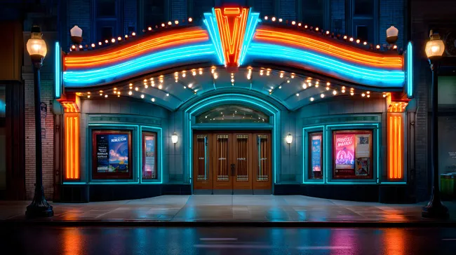Strahlendes Kino-Ambiente mit leuchtenden Neonlichtern