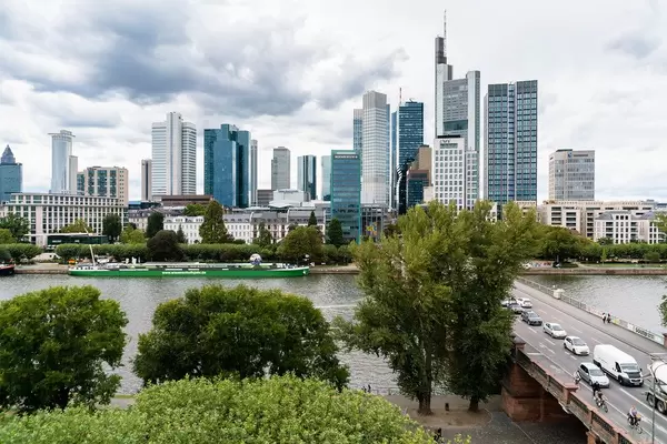 Straight on panorama of Frankfurt downtown with different skyscrapers from a viewpoint across the bridge