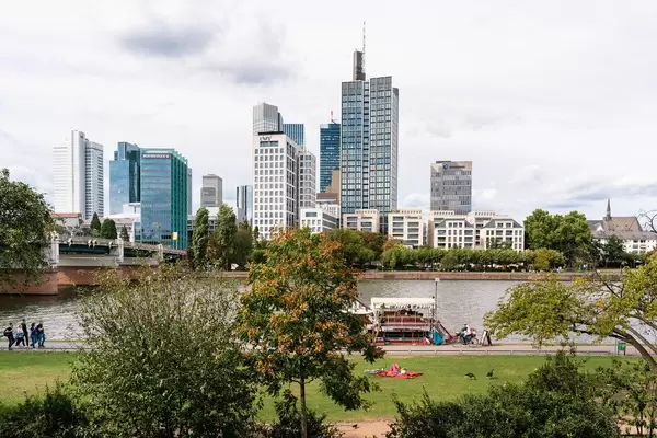 Straight view of Frankfurt skyscraper headquarters of Nürnberg, Commerzbank, CMS and others