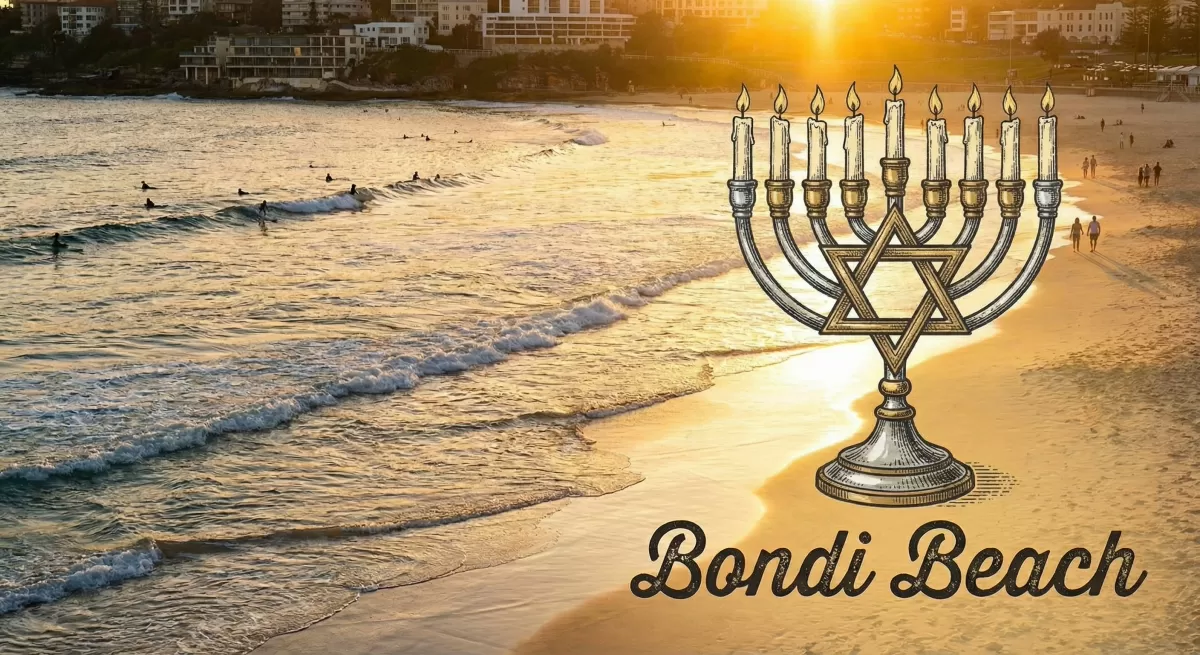 Strand bei Sonnenuntergang mit Chanukkia-Kerzenständer