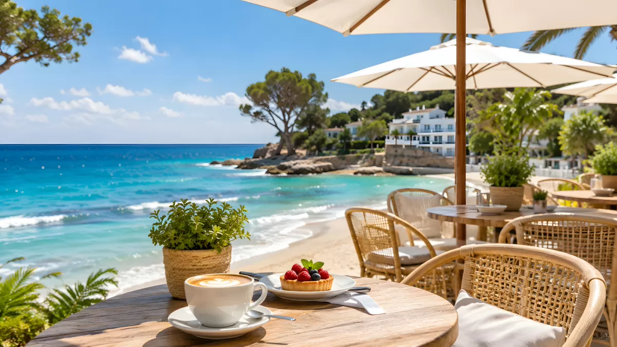 Strandcafé mit Cappuccino und Meeresblick im Sommer