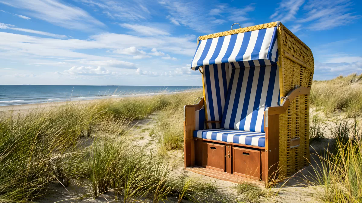 Strandkorb mit blau-weißem Bezug in den Dünen