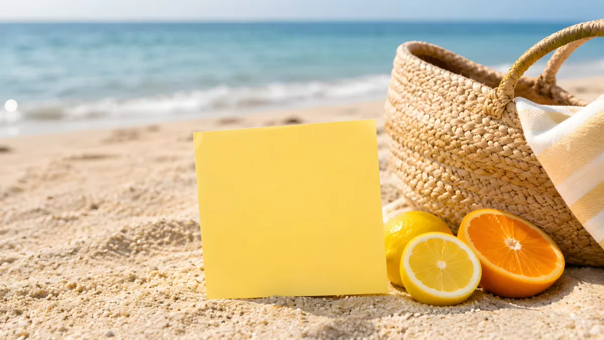 Strandkorb mit Zitrusfrüchten und gelbem Notizzettel