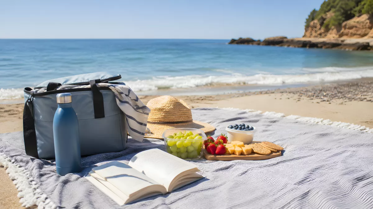 Strandpicknick mit Früchten, Buch und Kühltasche am Meer