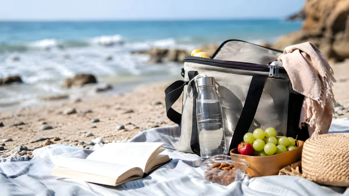 Strandpicknick mit Obst, Buch und Kühltasche am Meer