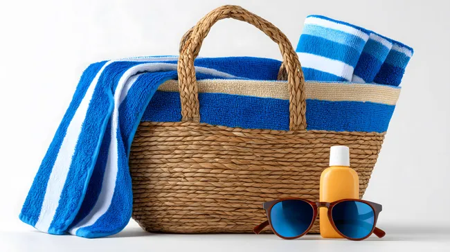 Strandtasche mit blauen Handtüchern und Accessoires