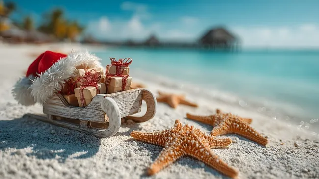 Strandweihnachtsschlitten mit Geschenkboxen