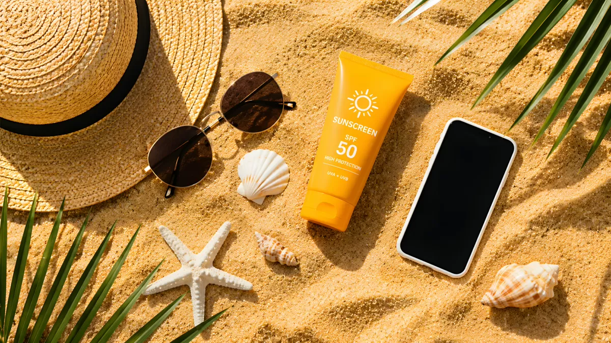 Strandzubehör mit Sonnencreme SPF 50 im Sand