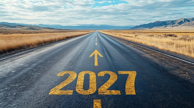 Straße in die Zukunft: Asphaltbahn mit Wegweiser 2027