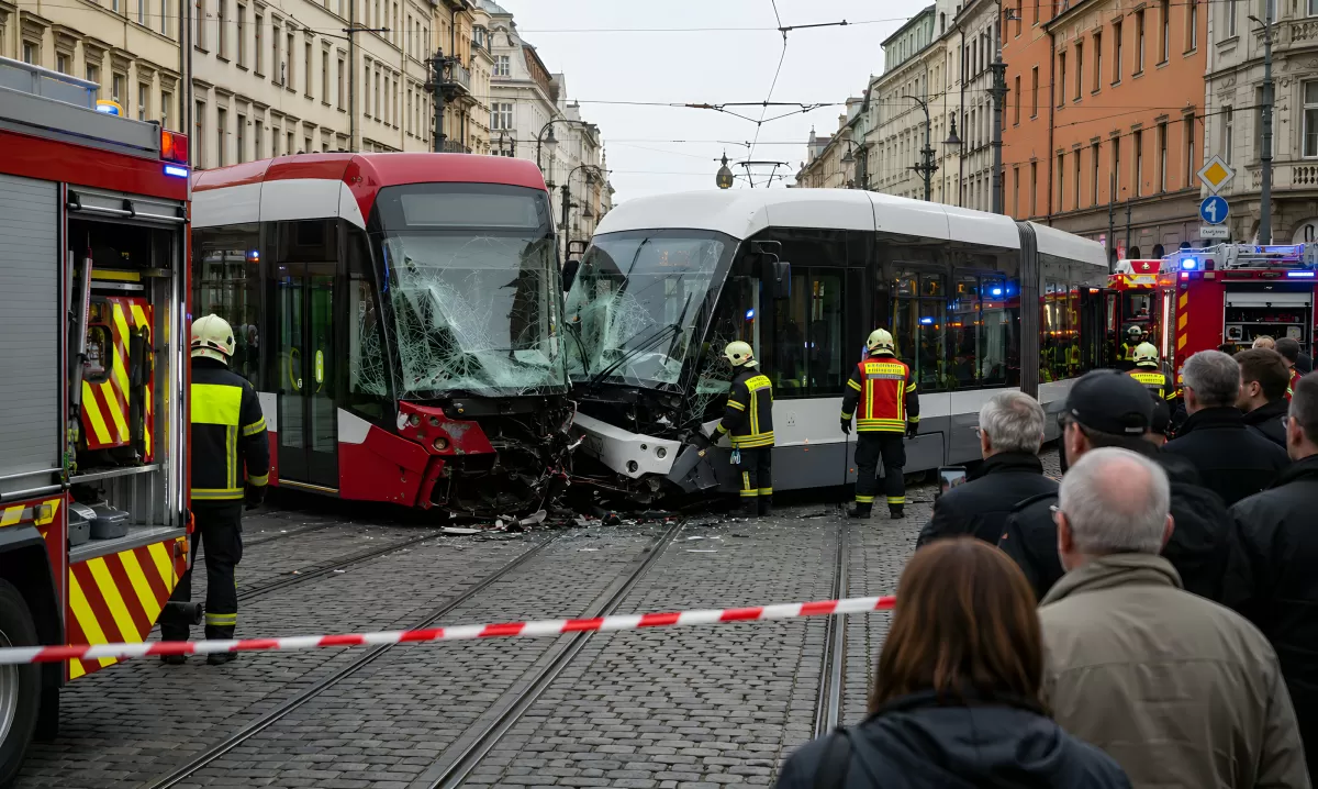 Straßenbahn-Kollision mit Feuerwehreinsatz in der Stadt