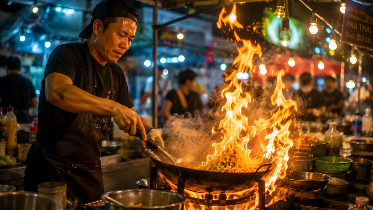 Straßenkoch bereitet Pad Thai mit Flammen zu