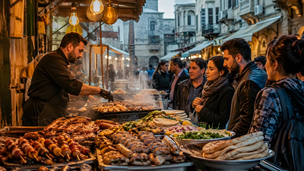 Straßenmarkt mit Grillspießen und Kunden am Abend
