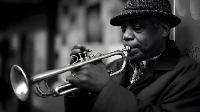 Straßenmusiker mit Trompete in Schwarz-Weiß