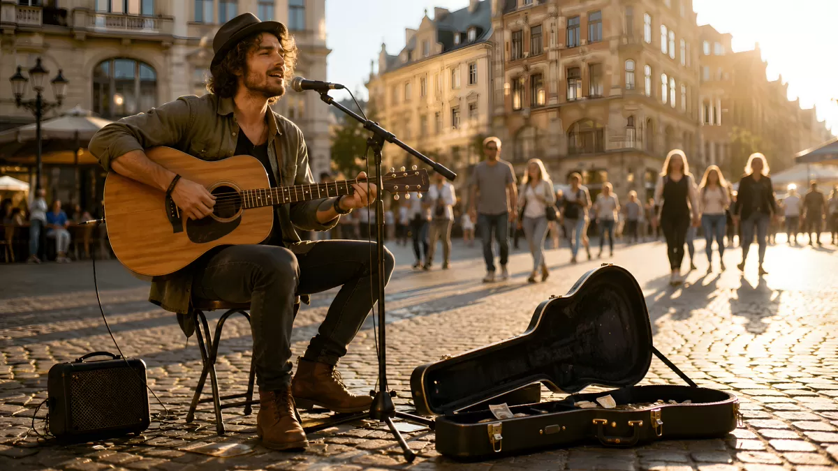 Straßenmusiker spielt Gitarre auf belebtem Stadtplatz