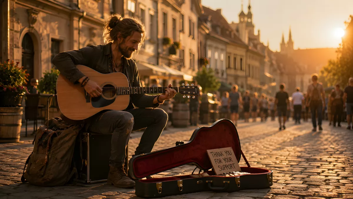 Straßenmusiker spielt Gitarre auf einem Kopfsteinpflasterplatz