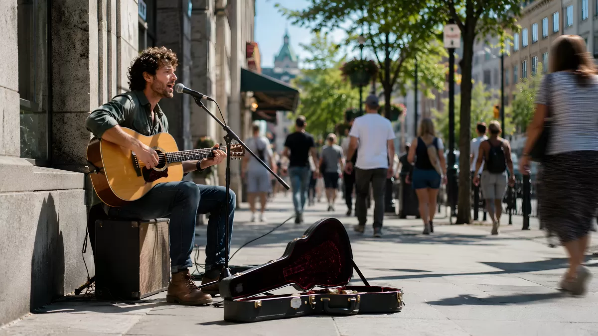 Straßenmusiker spielt Gitarre in belebter Fußgängerzone