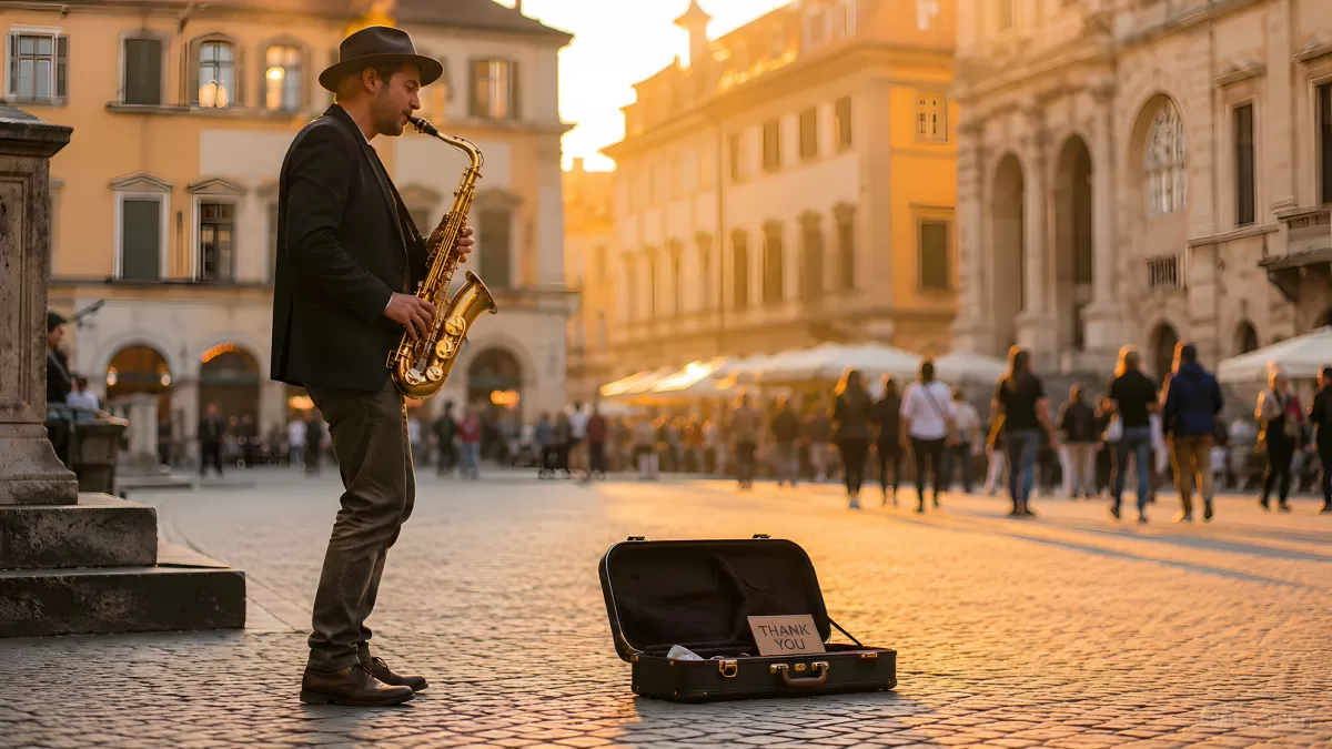 Straßenmusiker spielt Saxofon auf einem Stadtplatz