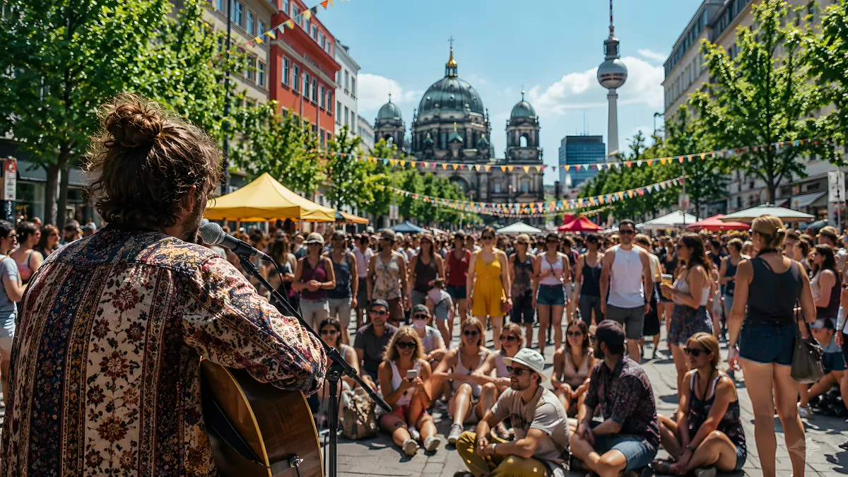 Straßenmusiker spielt vor Menschenmenge in Berlin