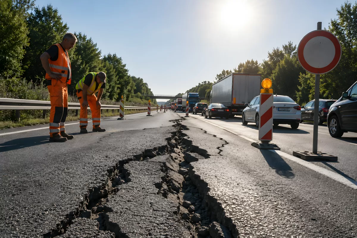 Straßenschäden nach Erdbeben – Arbeiter begutachten Risse