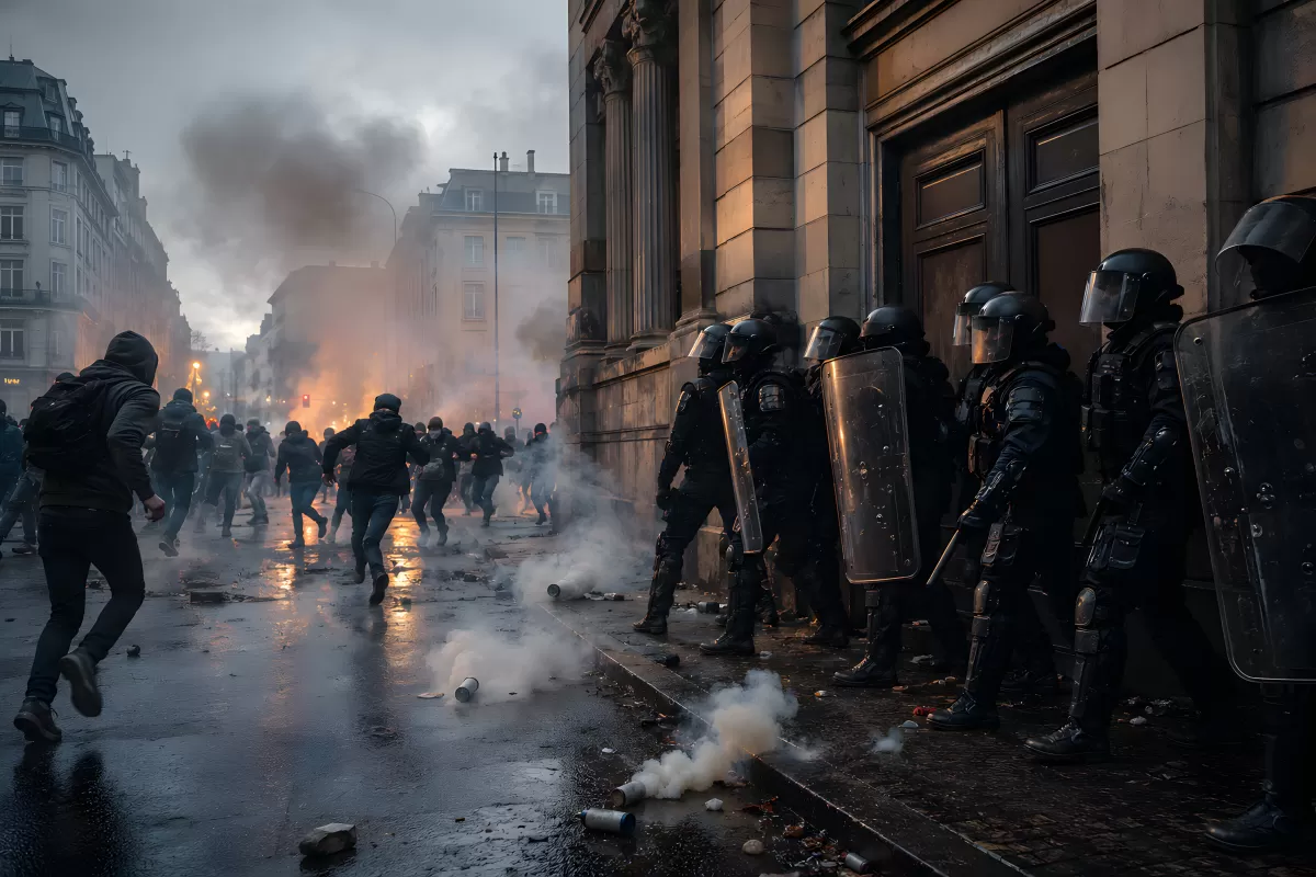 Straßenunruhen mit Polizei und Demonstranten in der Stadt