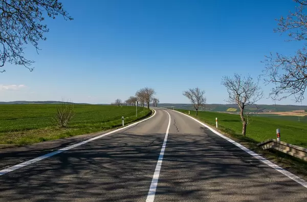Straße führt durch Agrarland, mit Bäumen am Straßenrand, führt durch Südmähren