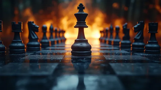 Strategische Schachfiguren vor flammendem Hintergrund