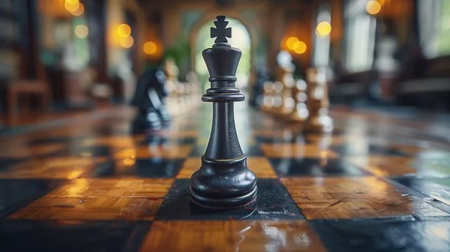 Strategisches Schachfiguren-Arrangement auf Holztisch