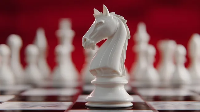 Strategisches Schachspiel mit weißem Springer auf rotem Hintergrund