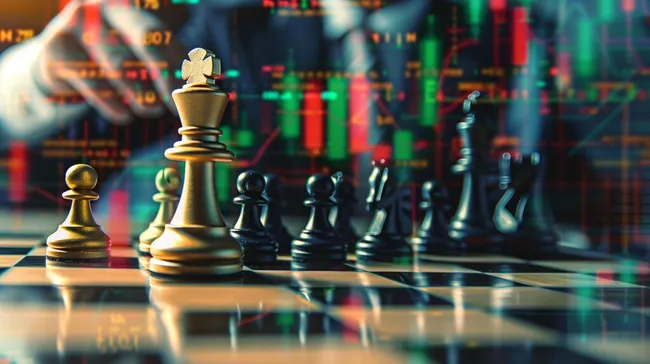 Strategisches Schachspiel vor Finanzdaten-Hintergrund