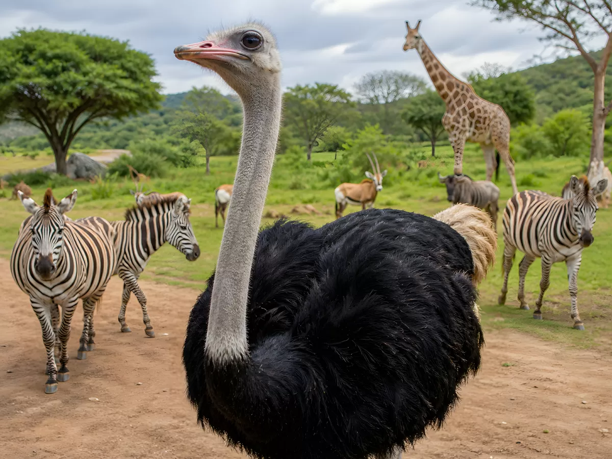 Strauß mit Zebras und Giraffe in afrikanischer Savanne