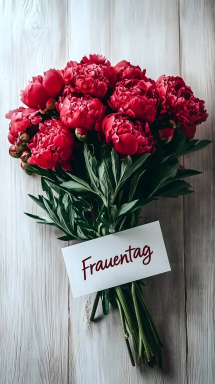 Strauß zarter Pfingstrosen mit Frauentagskarte