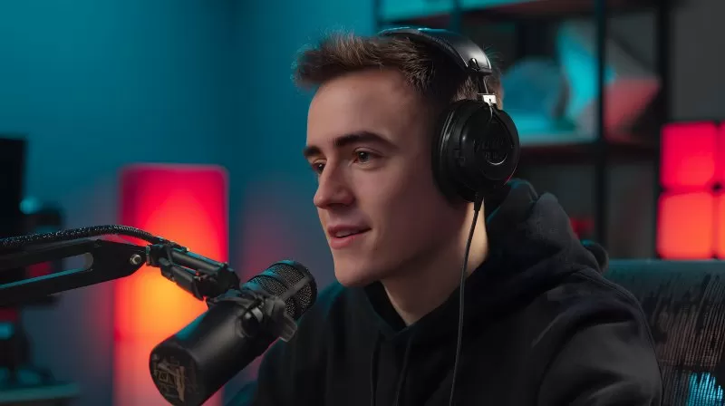 Streamer mit Kopfhörer spricht in Mikrofon im Studio mit bunter Beleuchtung