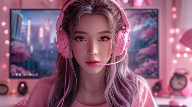 Streamerin mit pink-blonden Haaren und Gaming-Headset