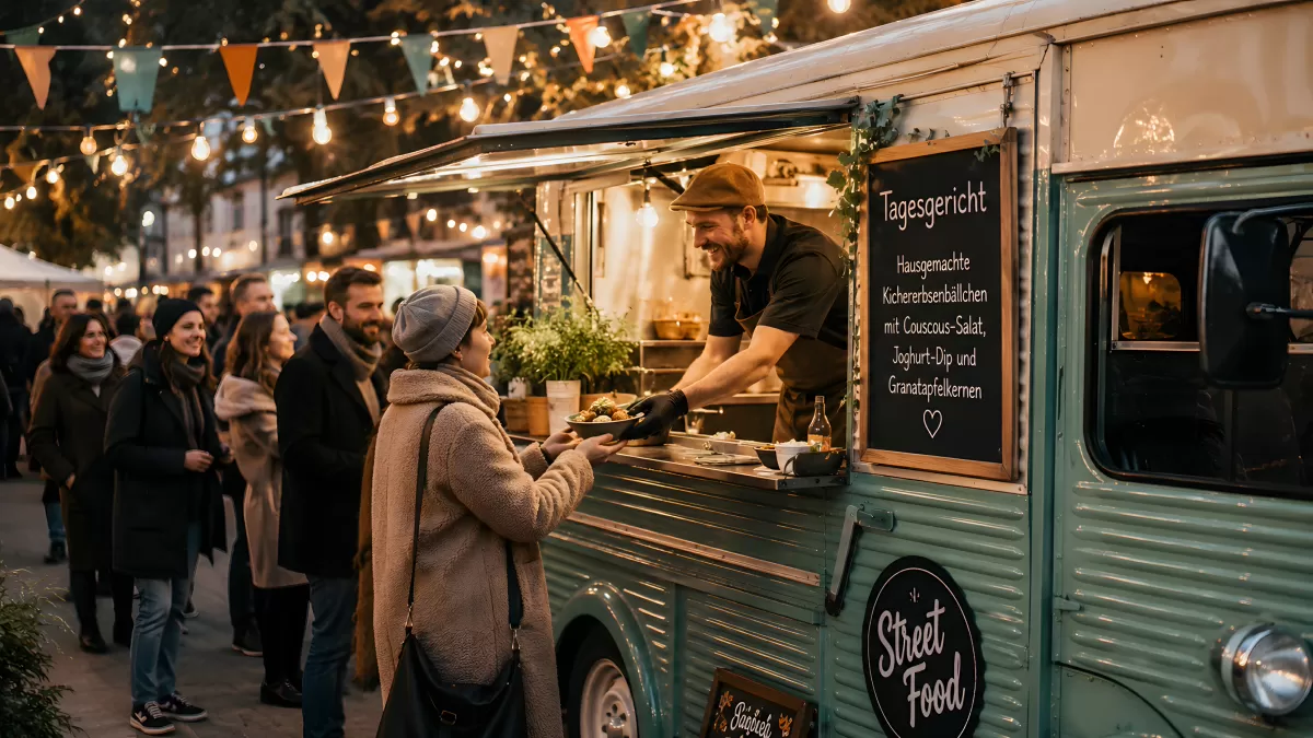 Street-Food-Stand mit Tagesgericht auf Abendmarkt — Bild kostenlos herunterladen