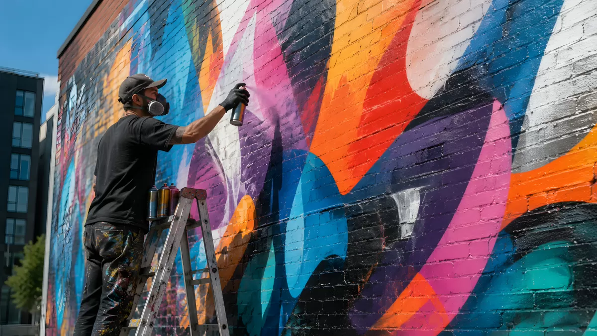 Streetart-Künstler sprüht buntes Wandgemälde auf Backsteinwand