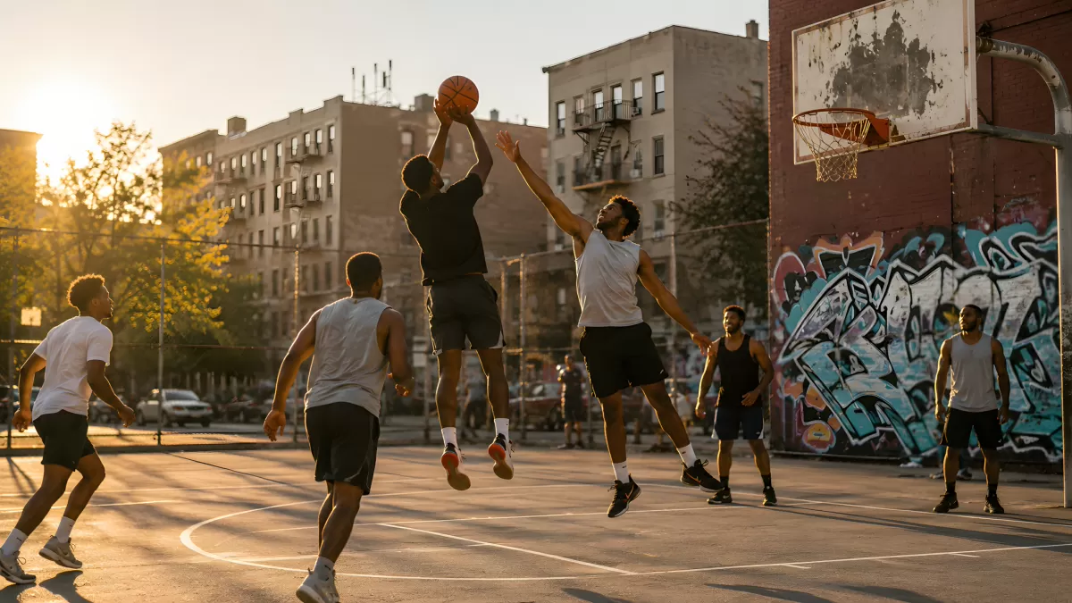 Streetbasketball im Sonnenuntergang auf urbanem Platz