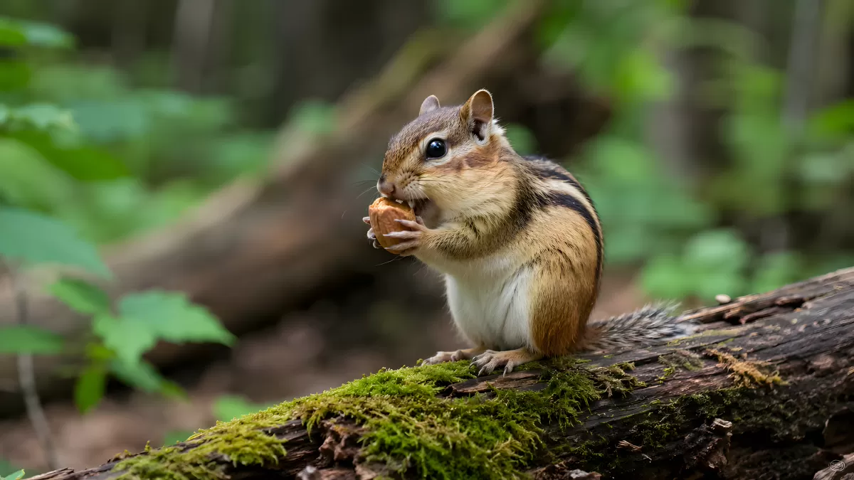 Streifenhörnchen frisst Nuss auf bemoosten Baumstamm