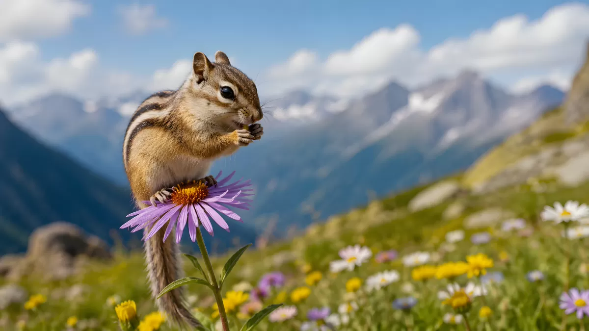 Streifenhörnchen sitzt auf Blüte in Bergwiese