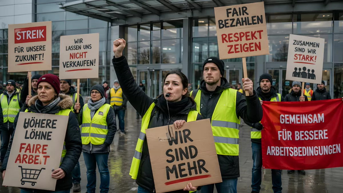 Streikende Arbeiter mit Schildern vor Firmengebäude