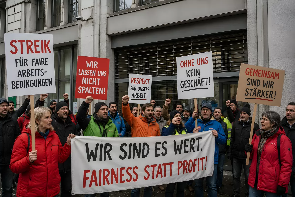 Streikende Arbeiter mit Transparenten bei Protest