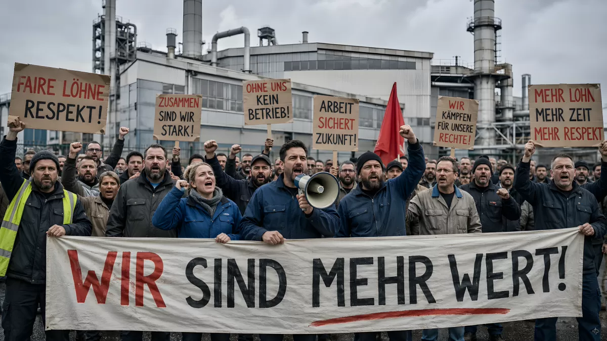Streikende Arbeiter mit Transparenten vor Industrieanlage