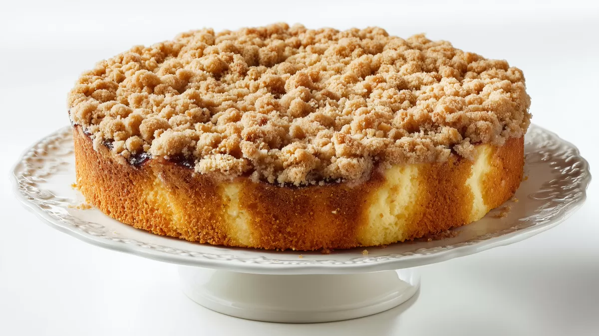 Streuselkuchen mit Fruchtfüllung auf weißer Tortenplatte