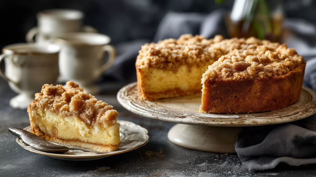 Streuselkuchen mit Quark auf elegantem Kuchenständer
