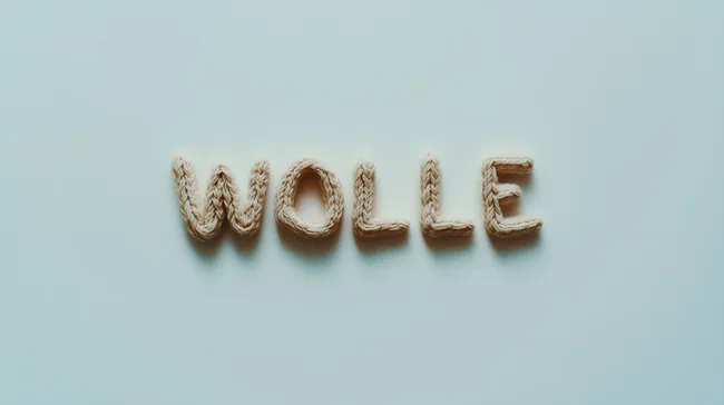 Strickgarn-Schriftzug 'Wolle' auf hellblauem Hintergrund